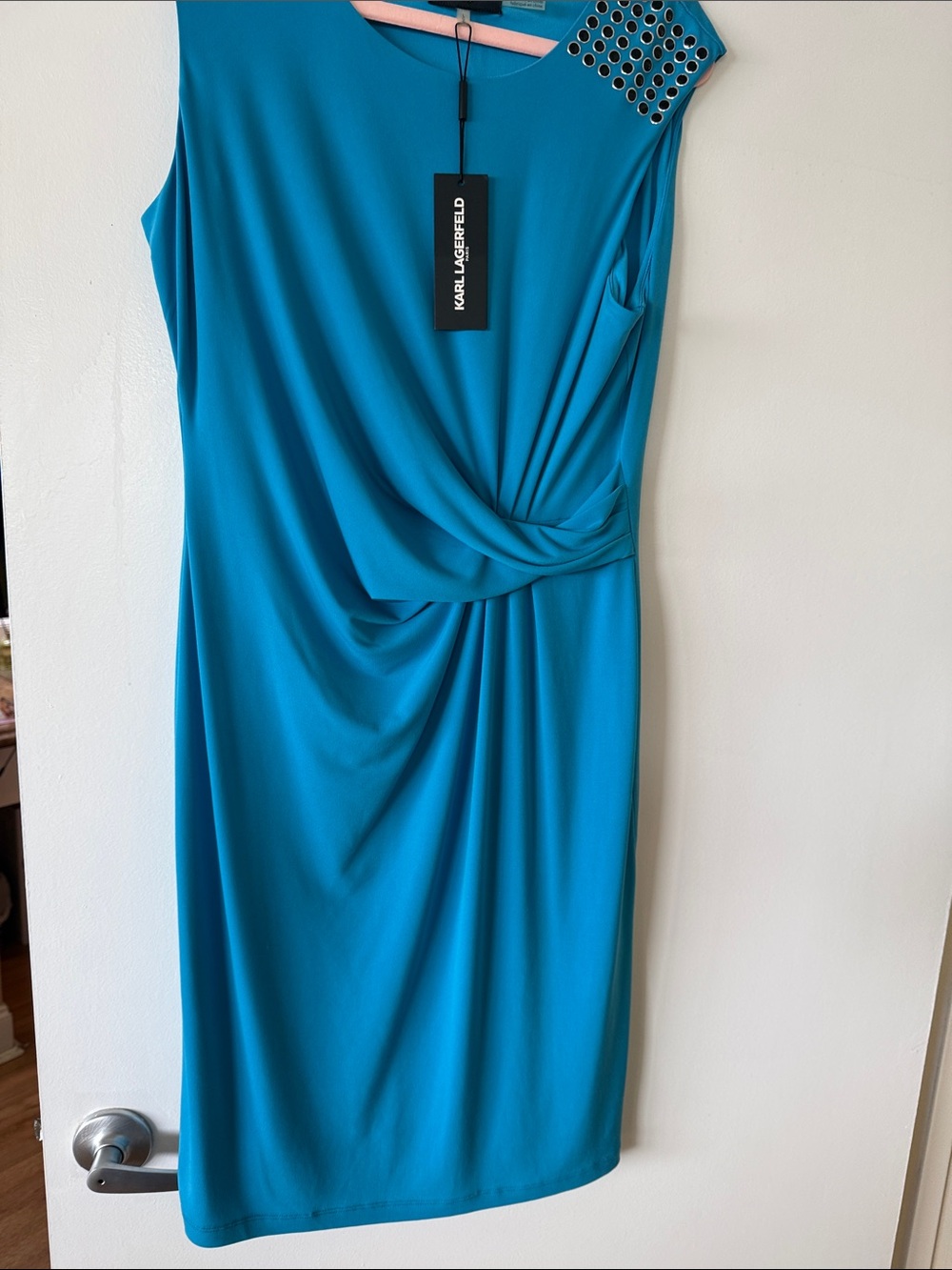 Karl Lagerfeld Teal Sleeveless Draped Midi Dress with Grommet Detail